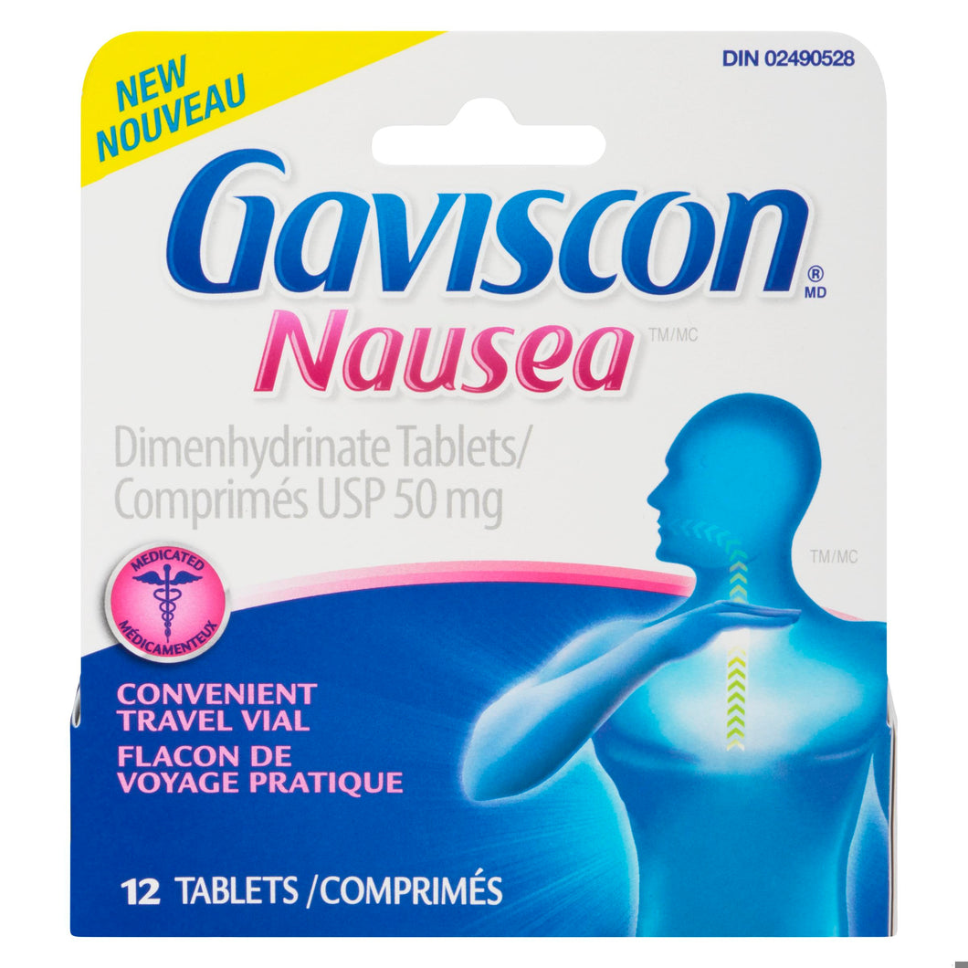 GAVISCON NAUSEA DIMENHYDRINATE USP50MG TB 12